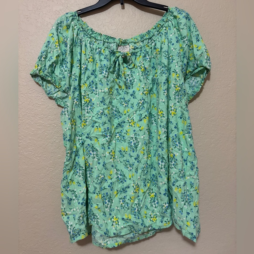 St Johns Bay Womens Size 2XL Green Floral Square Neck Tie Short Sleeve Blouse